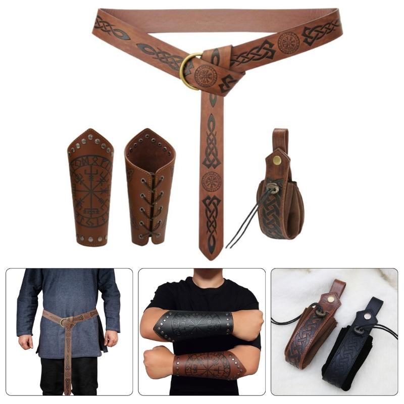 4 Pcs/Set PU Leather Waist Bag Arm Bracers Belt Medieval Renaissance Costume Set Halloween Accessories