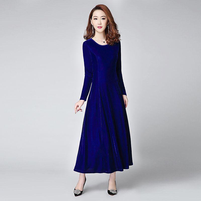 Women's Crew Neck Long Sleeve Solid Velvet Maxi Dress High Waist A Line Elegant Winter Formal Evening Dress