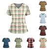 Women's Plaid Print V-Neck and Caregiver Top with Double Pockets and Split Hem Short Sleeves