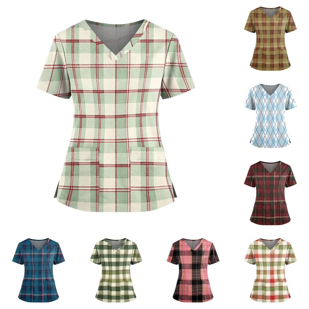 Women's Plaid Print V-Neck and Caregiver Top with Double Pockets and Split Hem Short Sleeves