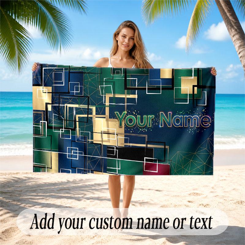 Abstract Geometric Theme Soft Beach Towel Personalized Custom Name Text Towel Portable for Beach Pool Travel