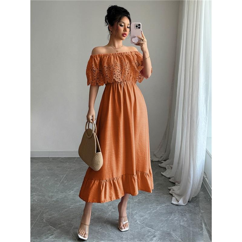 European And American Style Ladies Summer Long Skirt Temperament Elegant Style Strapless A-line Lace Ruffled Dress