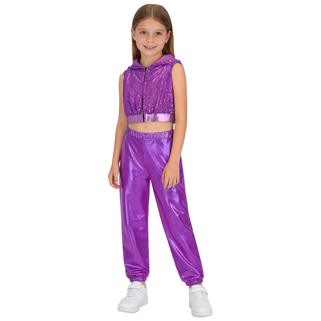 Kinder Mädchen Hip-Hop Jazz Tanzkostüm Ärmellos Rückenfrei Reißverschluss vorne Funkelnde Pailletten Kapuze Crop Top mit elastischem Bund Metallische Hose