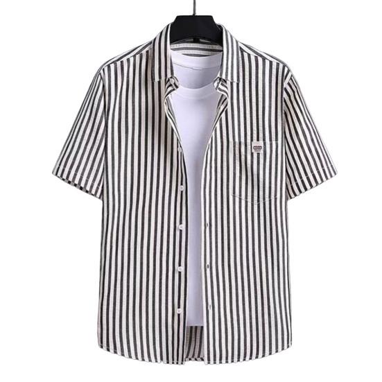 Herren Hemd Kragen Kurzarm Knöpfe Knopfleiste Hemd Tops mit aufgesetzter Tasche Gestreifter Druck Lockerer Schnitt Sommer Freizeithemd