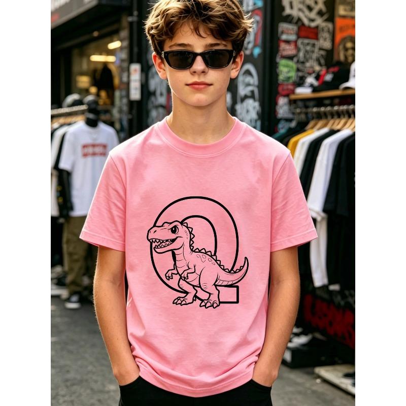 Boys Crewneck Short Sleeve T-Shirt, Cute Q Version Spotted T-Rex with Arch Hollow Circle Letter Q Print