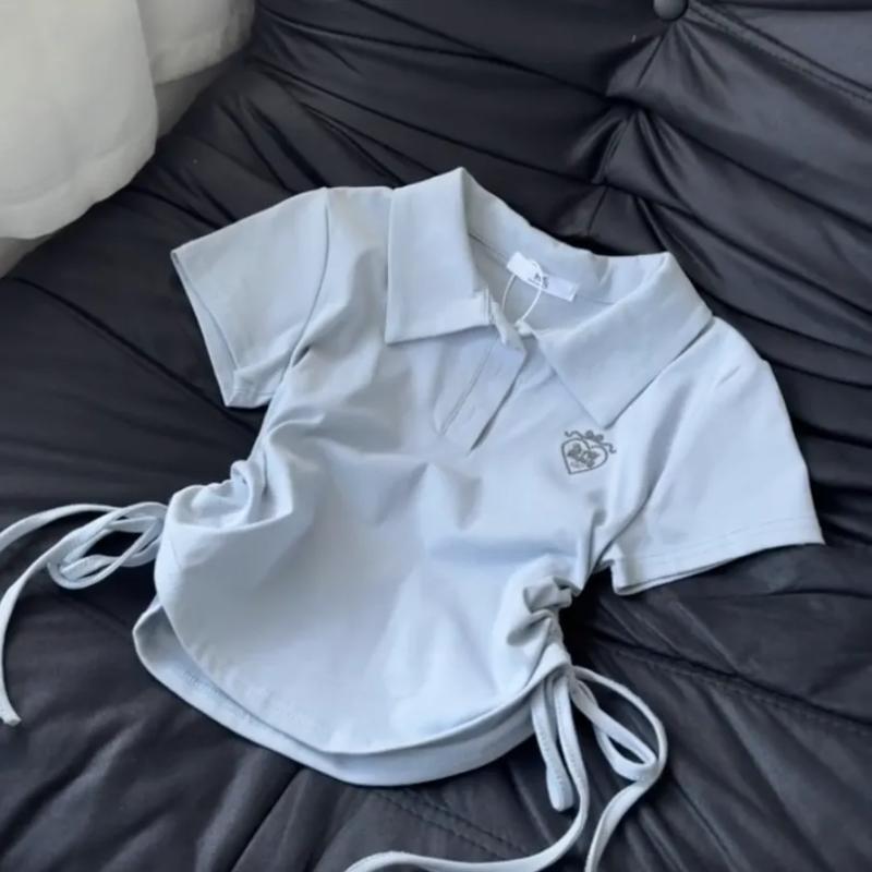 Damen Gelbes Rollkragen-T-Shirt Seitlicher Kordelzug Figurbetont Kurzarm Gestickt Lässiges Oberteil