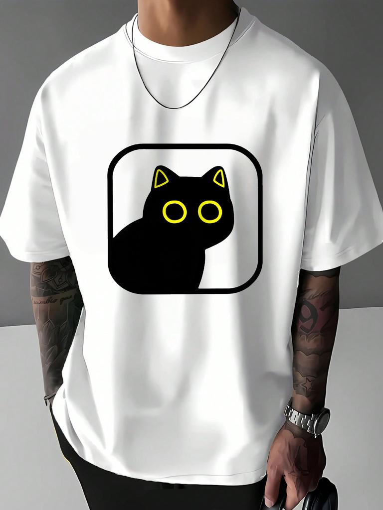 Unisexs Square Frame Black Cat Graphic T Shirt Minimalist Yellow Eyes Pet Print Short Sleeve Crew Neck Casual Cotton Male Daily Tee