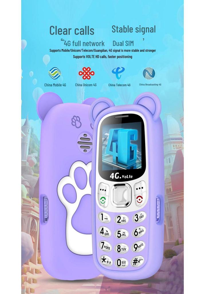 Universal 4G/5G Kids Mini Cartoon Phone with GPS, Anti-Internet Addiction, Elderly Mode, and Bear Paw Silicone Case