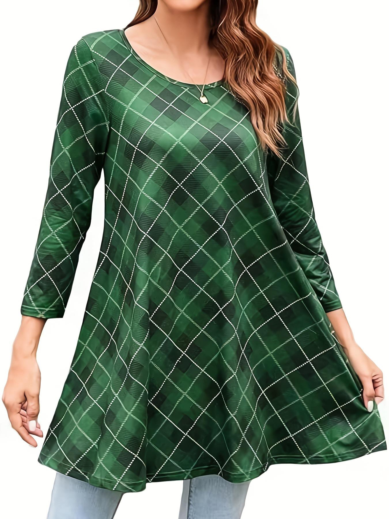 

Geometric Pattern Plus Size Wide Hem Dress with Nine-Sleeve and Round Neck 5XL темно-зелений колір