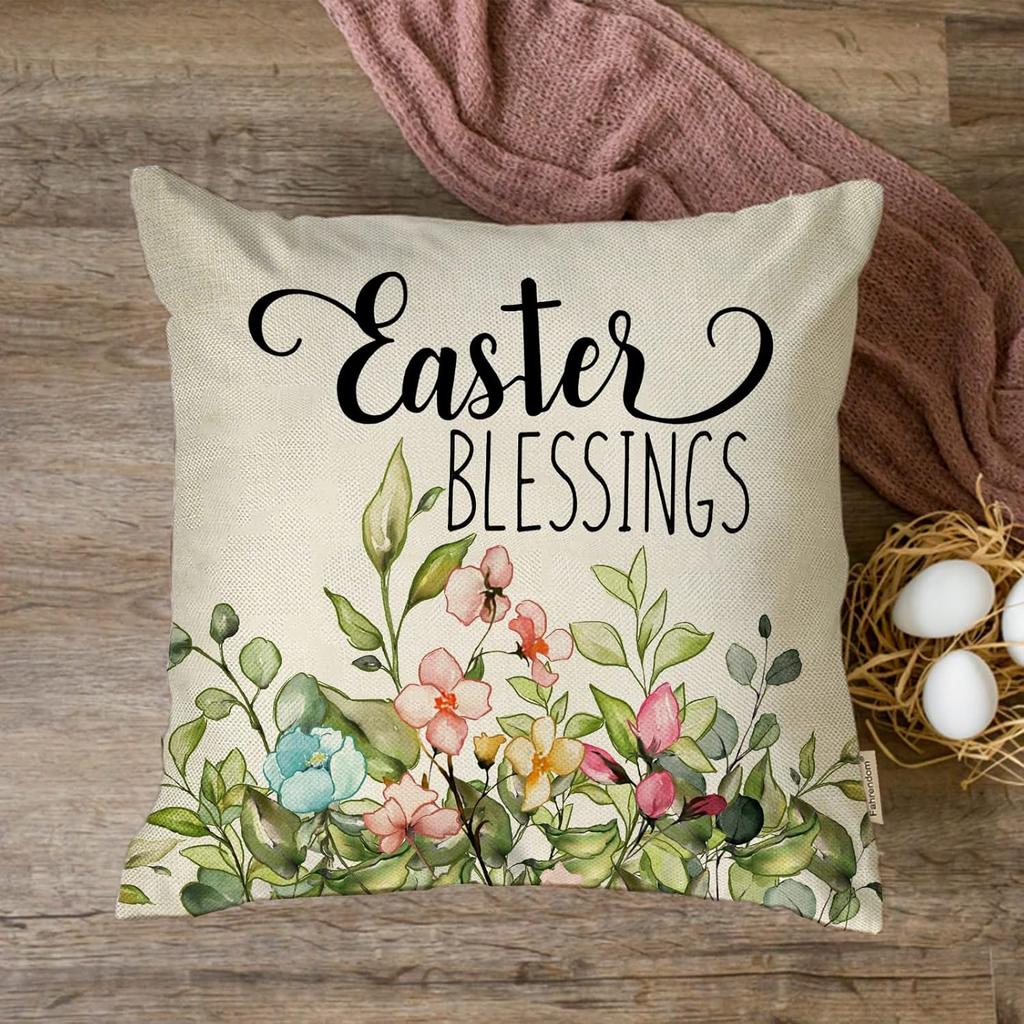 Fahrendom Happy Easter Eggs Bunny Decorative Throw Pillow Cover 18x18 Set of 4, Religious Rejoice Rabbits Carrot Flower Blessings Outdoor Pillowcase,