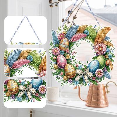 Single Sided Diamond Art Hanging Pendant Handmade Easter Wreath Rhinestone Diamond Art Window Pendants Chicken Rabbit Wall Decor