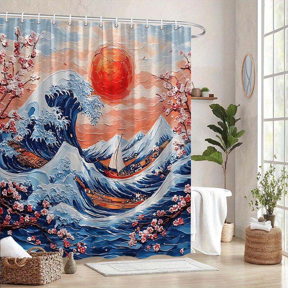 Shower Curtain: Traditional Japanese Wave with Cherry Blossoms and Red Sun for an Oriental and Harmonious Bathroom Decor
