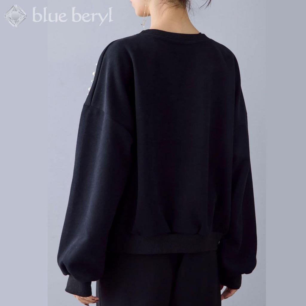 Pearl Sweatshirt Volume Round Loose [Blue Beryl] [Limited Stock] [Blue Beryl] Women's Pullover, Sleeves, Neck, Off-the-Shoulder, Fit, Black,