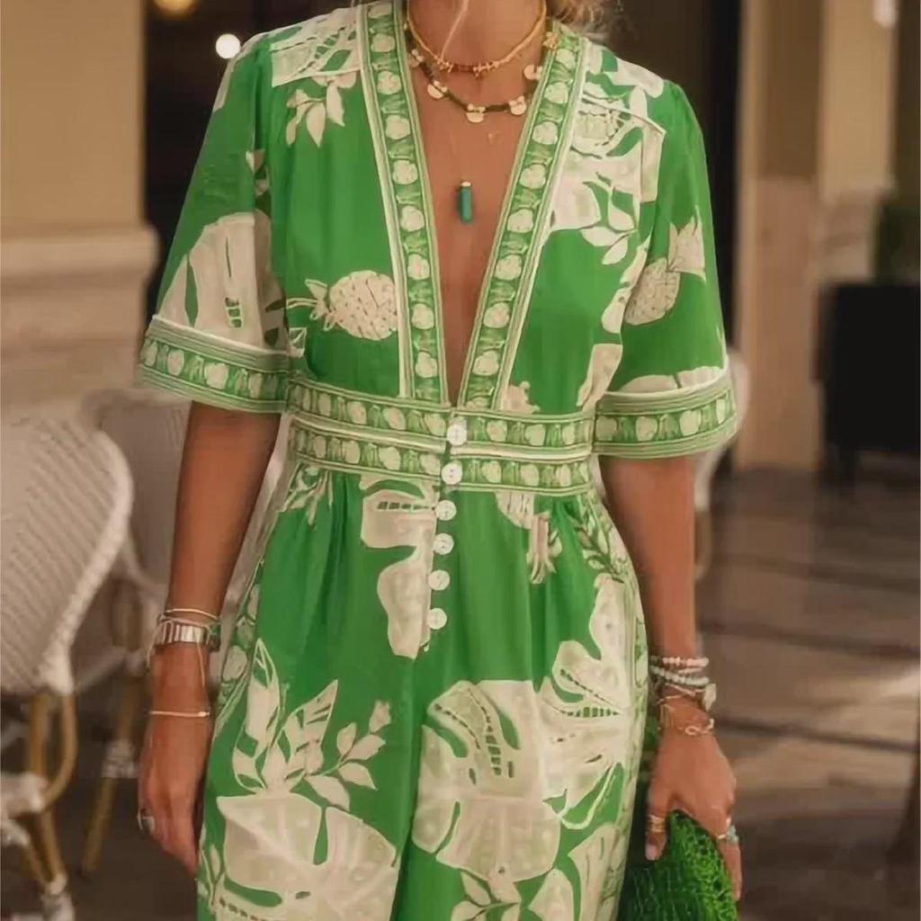 2024 Spring Women's V-Neck Short-Sleeve Printed Jumpsuit