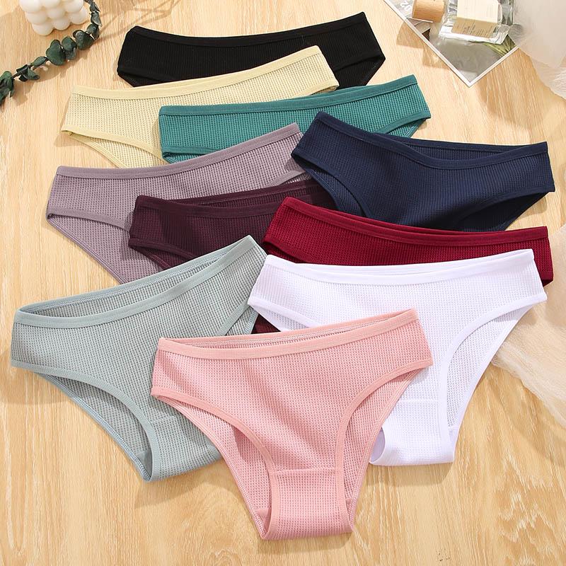 3PCS/Set Damen Waffel Baumwolle Slips Sexy Dessous Damen Unterwäsche Unterhose Slips Mädchen Einfarbige Intime Slips Für Frau