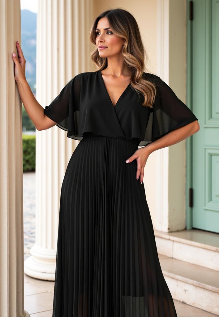 Dress with Cape - Elegant Dress with Pleated Bottom - Black Dress M1123 S/M