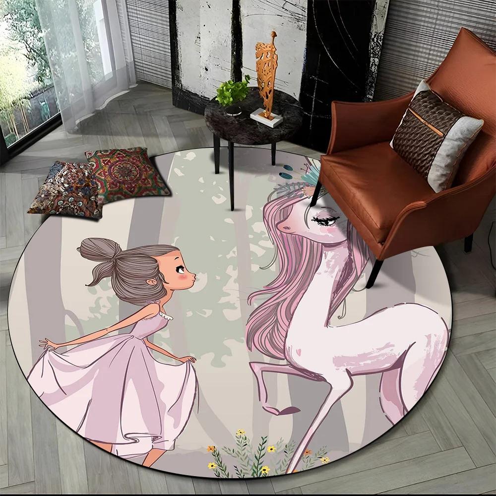 Cartoon Ballet Girl Round Carpet Fairy Ballerina Unicorn Rug for Living Room Bedroom Child Room Decor Doormat Non-slip Floor Mat