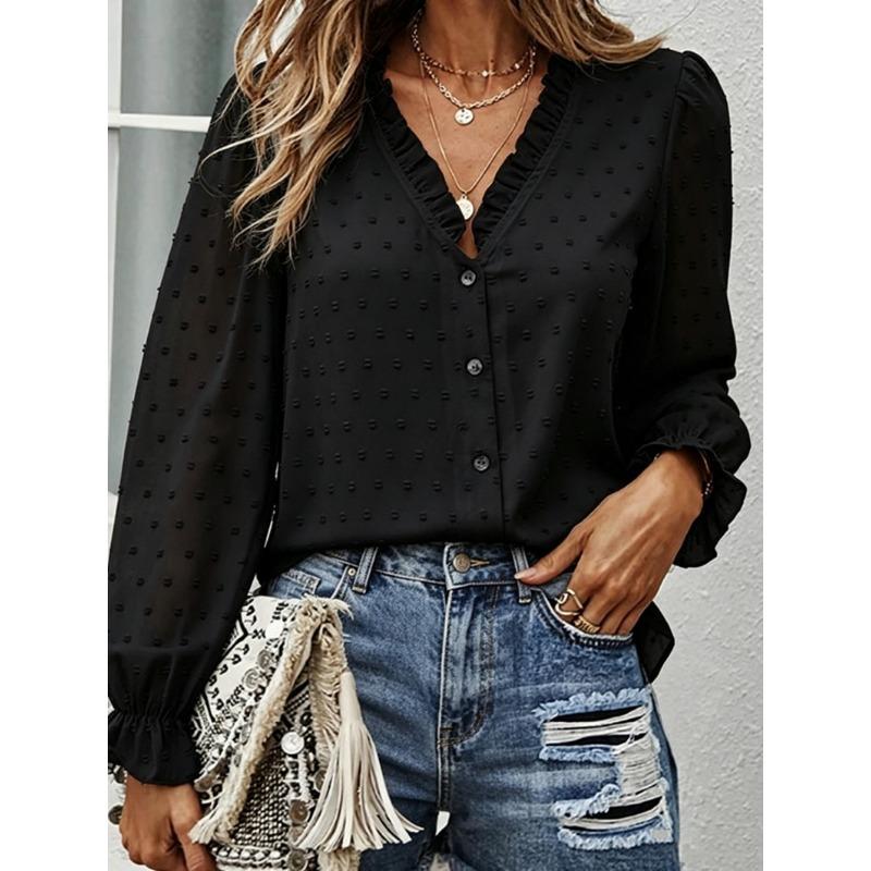 IHUASU Women's Fashion Casual Solid Color Print V-Neck Long Sleeve Blouses & Shirts