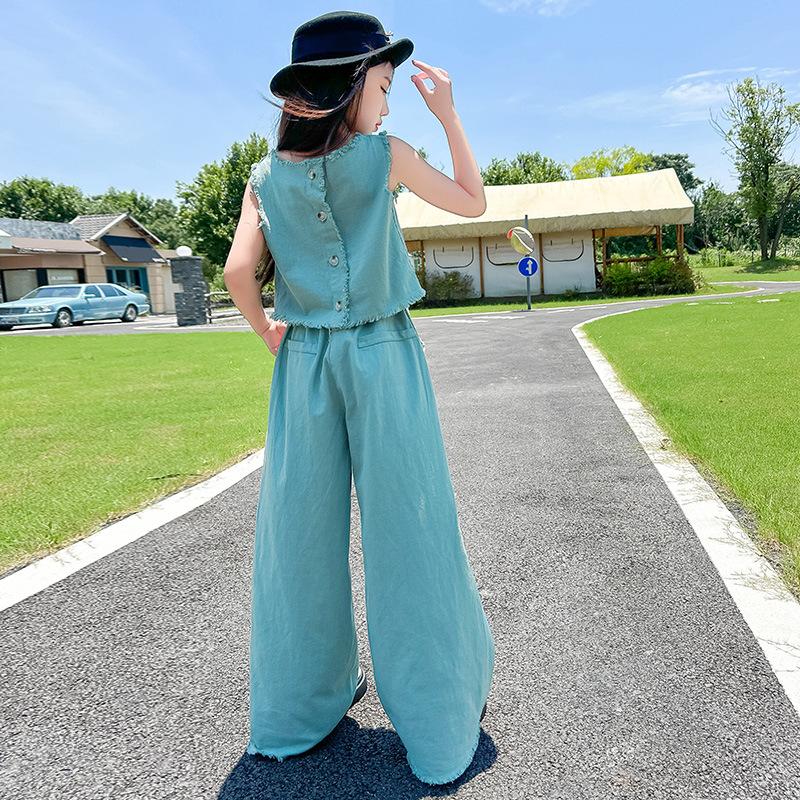 Teen Girl Jeans Fille Ensemble Design Round Neck Vest+Wide Leg Pants 2pc Junior Kid Rough Edges Denim Clothes Suit Child Outfits