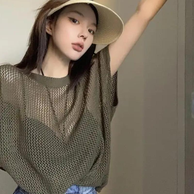 Temperament Perspective Hollow Knitted Shirt Summer Spicy Girl Loose Fashion Short Sleeve Top Female Chic