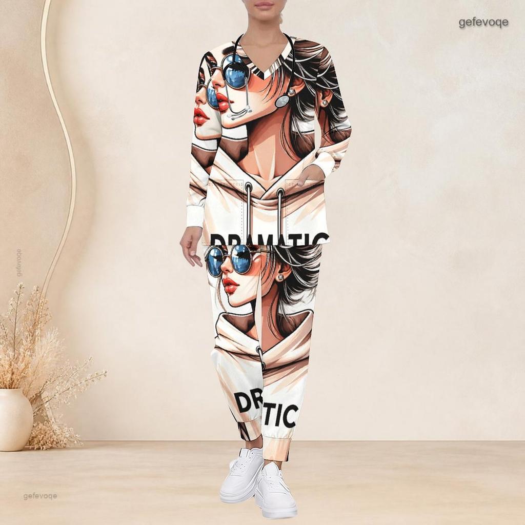 Women Plus Size V Neck Long Sleeve Scrub Set Fashion Afro Lady Art Text Print Nurse Uniform Set