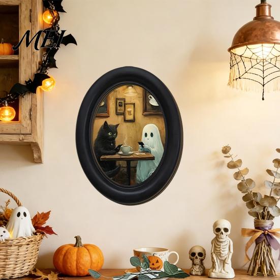 Easy Install Adhesive Wall Sign Halloween Gothic Oval Wooden Hanging Plaque, Vintage Framed Black Cat Little Party Background Ghost Sign, Waterproof