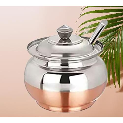 Ghee-Topf aus kupferbeschichtetem Stahl mit Löffel | Ghee-Glas aus kupferbeschichtetem Stahl für Ghee-Set (100 ML Packung von 1)