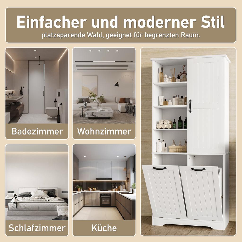 78 x 35 x 172 cm Bathroom Cabinet, Moisture-Resistant Paint, Double Laundry Basket, Four Open Compartments, One Door, Adjustable Shelves, White