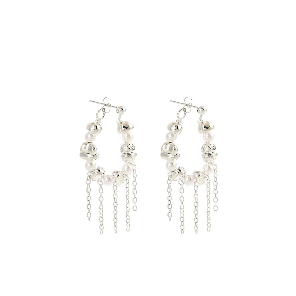 French High-End Pearl Earrings, Light Luxury Design Broken Silver Earrings, Cold Style Long Fringed Stud Earrings
