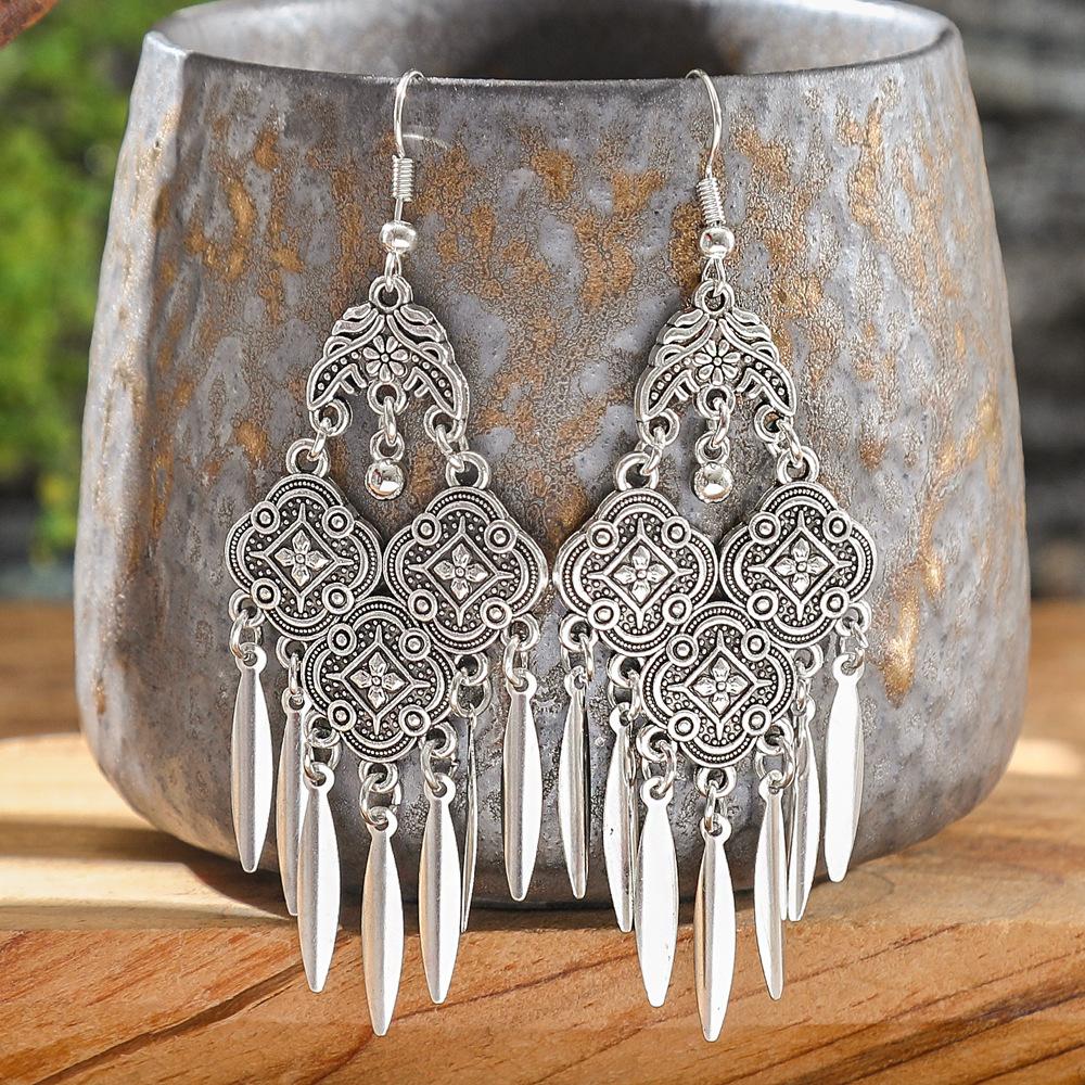 Ethnic Vintage Silver Color Temperament Drop Earrings for Women Creative Geometric Tassel Earrings Female Vacation Jewelry