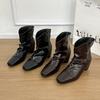 With stacked square head short boots, women's autumn fashion short tube inner height increase, thick heel square head skirt, thin boots, no