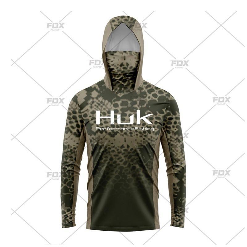 Mens Quick-Dry Fishing Shirt With Hood Neck Cover UPF50 Sun Protection Lightweight Long Sleeve T-Shirt