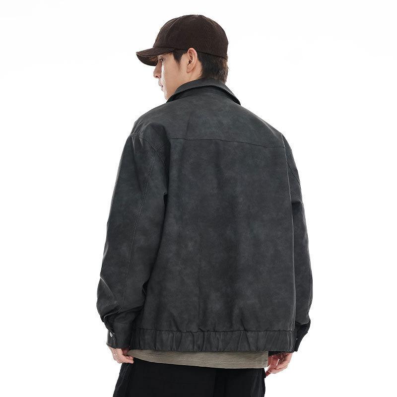 American Vintage Batik Pu Leather Jacket Men's Loose Large Size Alphabet Embroidered Lapel Leather Jacket Casual Jacket