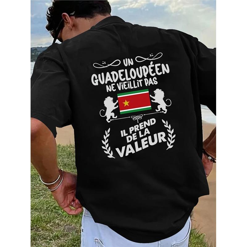 Guadeloupe Flag T-Shirt with French Creole Pride Slogan & Lion Back Print - Cultural Heritage Crew Neck Short Sleeve Shirt Suitable for Casual Wear,