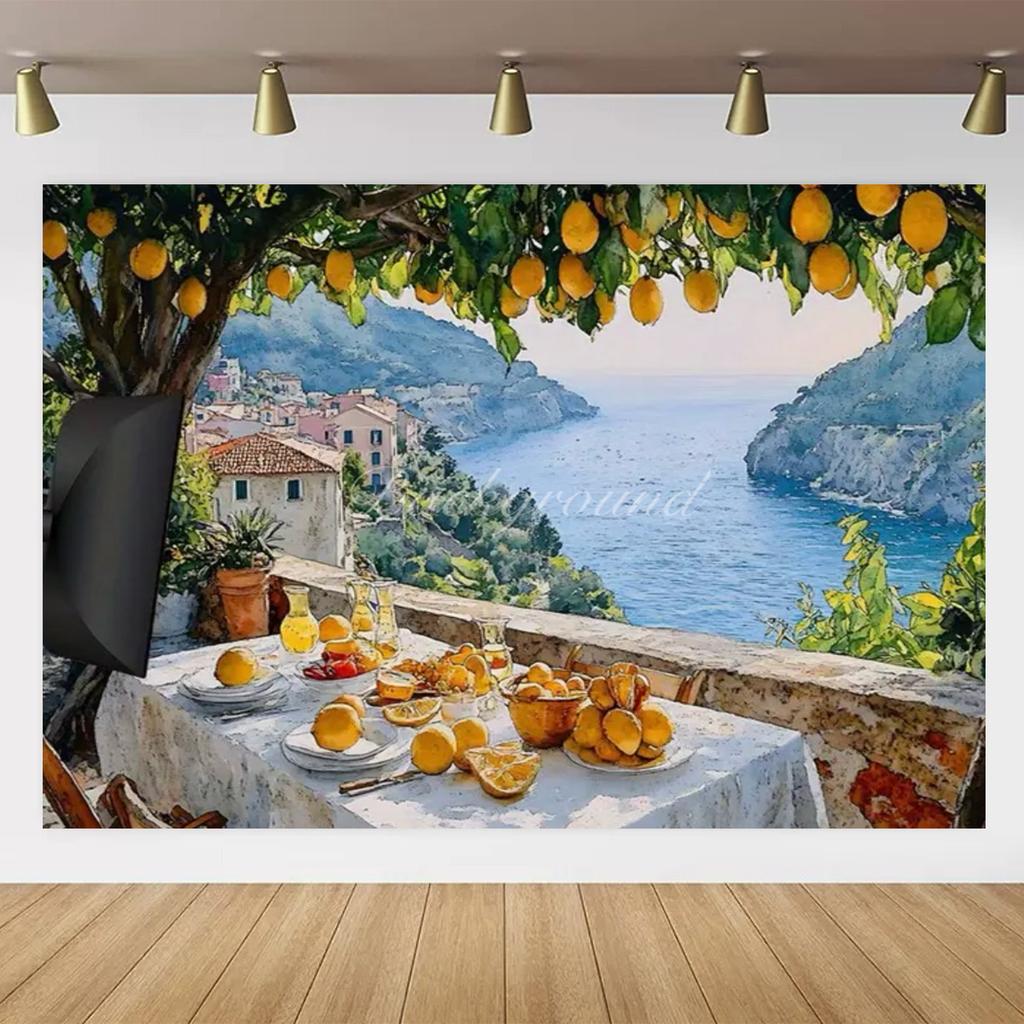 Banner Background with Lemon Tree Harvest Theme and Mediterranean Landscape Garden, Anniversary Room Decoration, Photo Backdrop