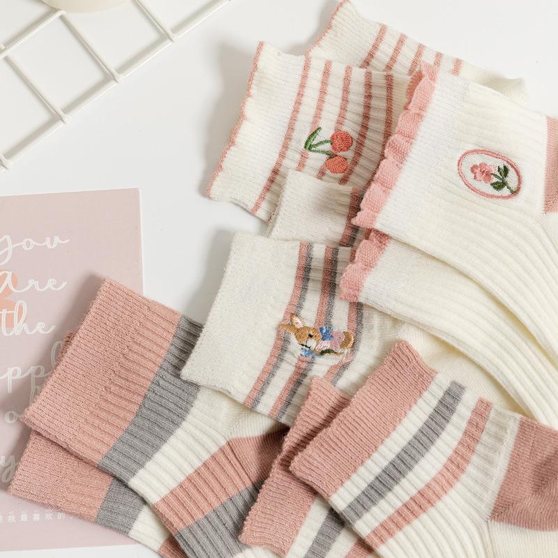 5/10 Pairs Casual Spring Summer Socks for Children Short Cuff Fresh Striped Color Block Boat Socks Academic Style Cute Embroidered Floral Socks