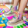 Trendy Girls Rainbow Zip Ankle Boots Sparkly Non Slip Rubber Sole Lace Up Colorful Shoelaces Fall Winter Princess Style