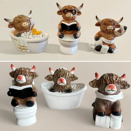 1/3Pcs Bathroom Highland Cow Figurine Bathing Reading Book Toilet Paper Highland Cattle Resin Statue Sculpture Decoration Ornament Calf Lovers Gifts