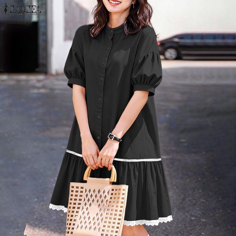 ZANZEA Women Stand Collar Summer Lace Splice Hem Loose Half Sleeve Dress