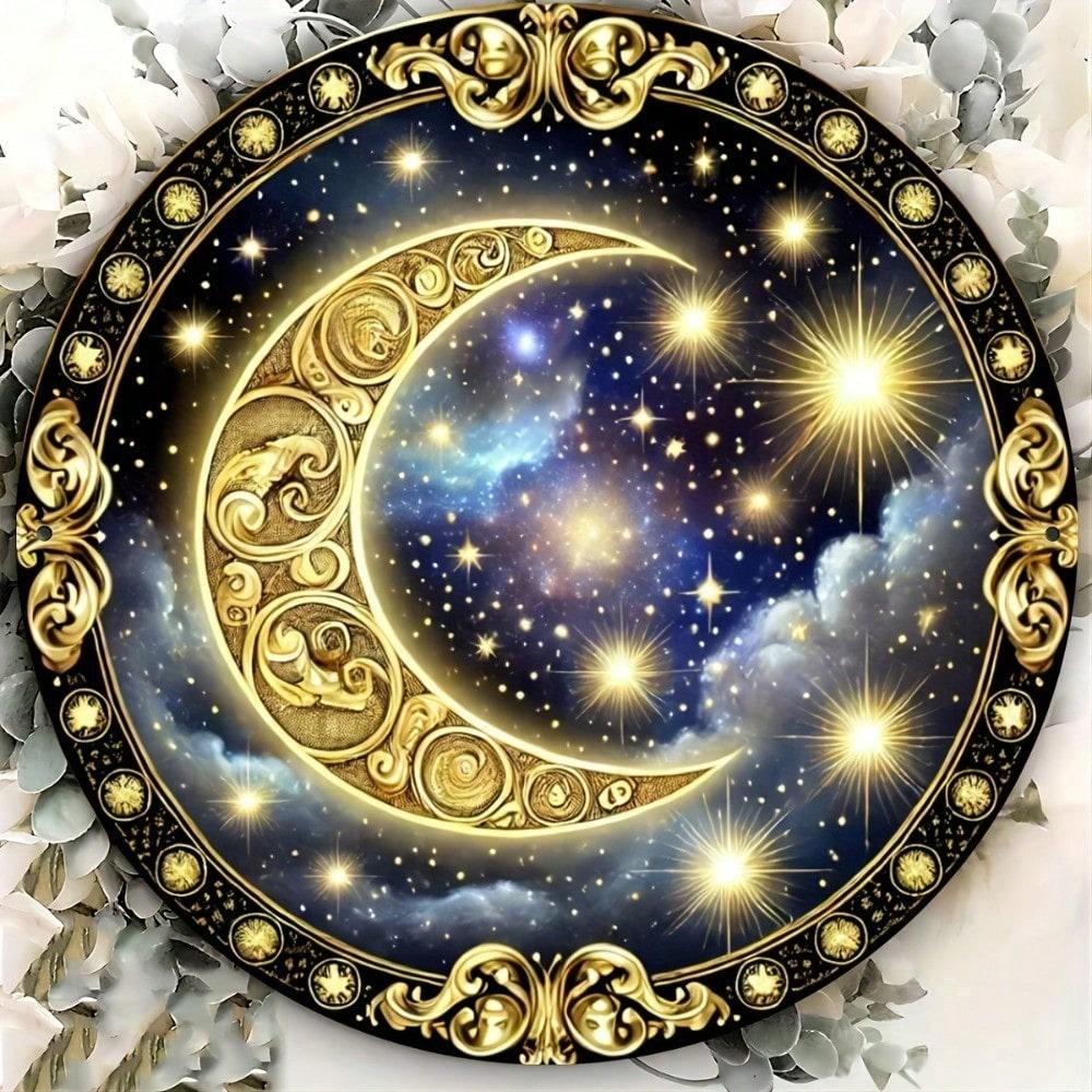 

Metal Wall Poster Moon and Stars Gold Crescent Vintage 2D Print Home Decor