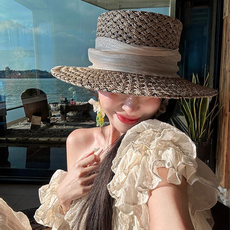 Old Money Wind Hollow Flat Top Salty Grass Woven Hollow Straw Hat Female Summer French Seaside Beach Sun Protection Hat Sun Hat