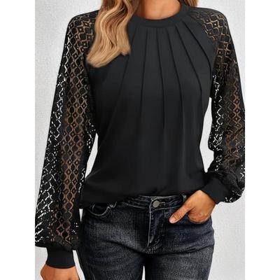 Elegante Polyesterbluse mit langen Ärmeln, Rüschen, Rundhalsausschnitt und lockerer Passform, geeignet für alle Jahreszeiten