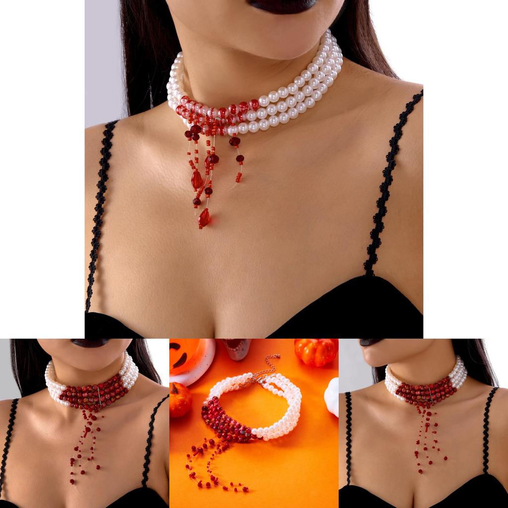 Halloween Blood Drop Pearl Necklace With Handcrafted Geometric Design For Women