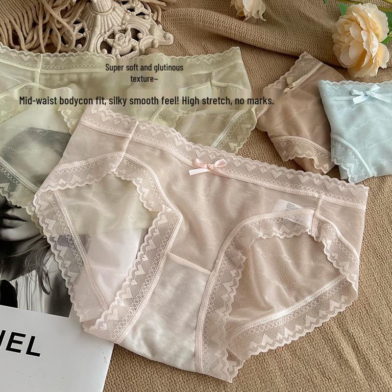 French Lace Ice Silk Mid-Waist Panties - Women's Sexy Semi-Transparent Seamless Briefs with Soft, Breathable Crotch