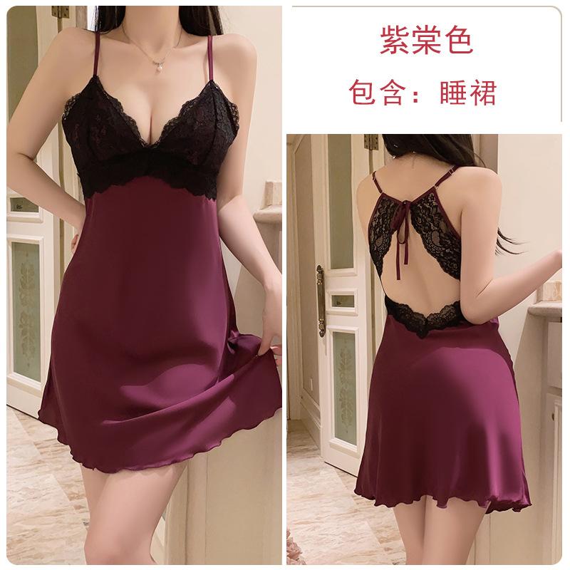 

Satin backless lace-up lace stitching deep V plus chest pad nightdress robe large size pajama set XL
