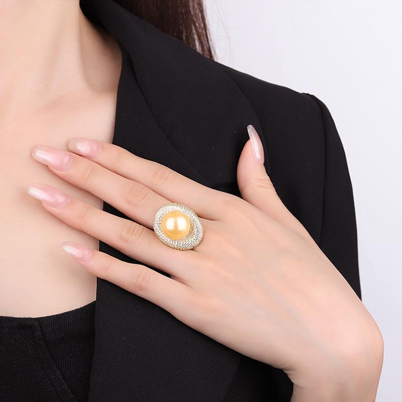 Ladies' Nanyang Philippine Sea Gold Pearl Ring With Pigeon Egg Set Full Adjustable Vintage