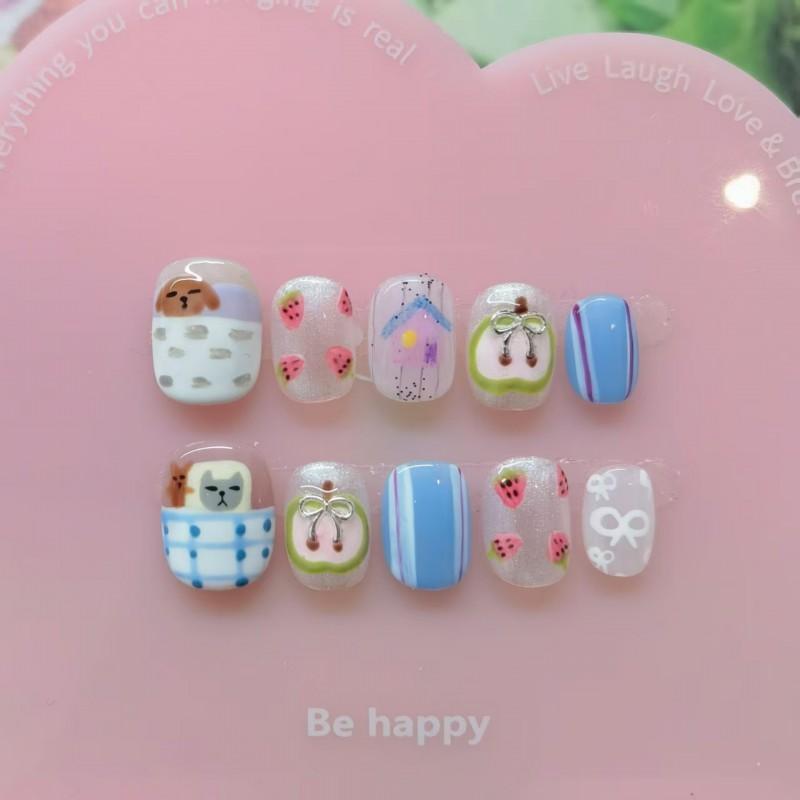 Short Square Press-On Nails With Hand-Painted Cute Cat Eye Design Sweet Ins Style Nail Art Women