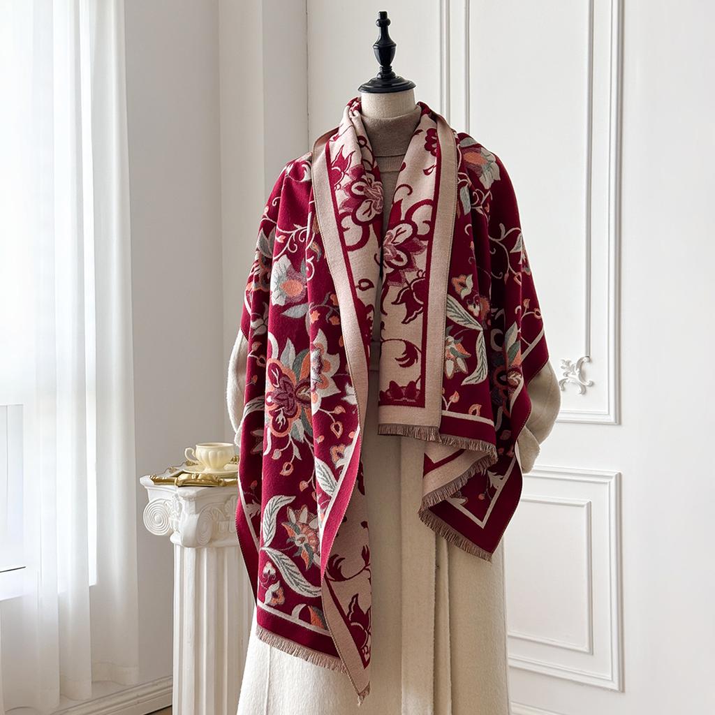 Brand Fashion Winter Cashmere Shawl for Women - Tasseled Vintage Floral Printed Oil Painting Style Pashmina Thick Scarf & Poncho