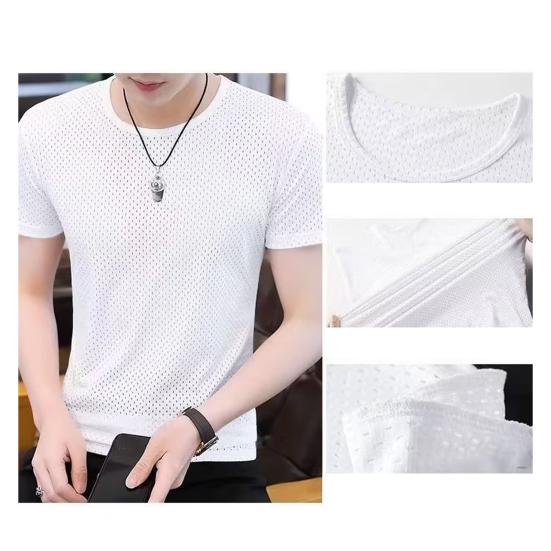 Men Top Breathable Round Neck Quick Dry Mesh Design Short Sleeve All-matched Solid Color Men Summer Top Outing Clothing