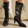 Autumn Winter Mid-calf Boots Women Fashion Flower White Black Boot Elegant Lace-up Low Heels Party Shoes for Girls Big Size 45
